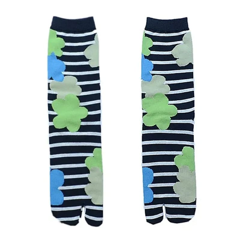 Flower Striped Tabi Socks - Blue/black - Socks