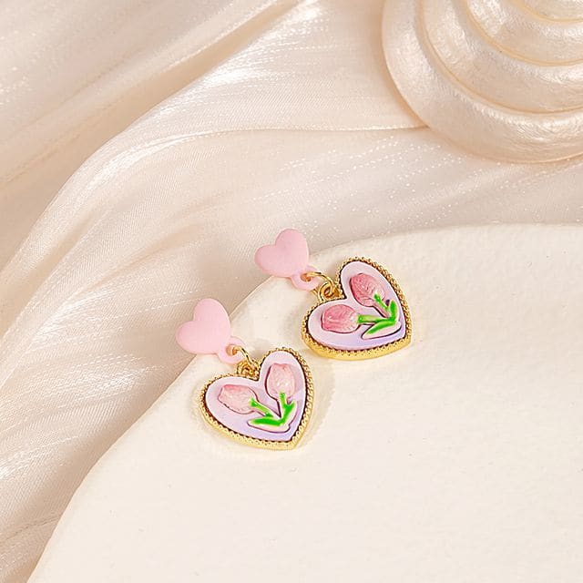 Flower Stud Earring / Drop Earring - E5409 - 1 Pair - Pink