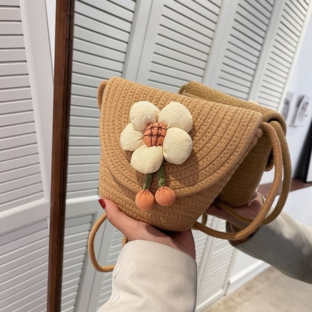 Flower Woven Crossbody Bag - Khaki / One Size