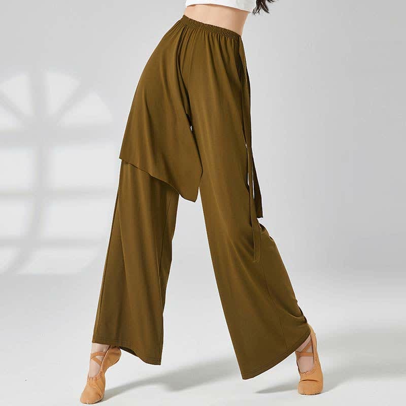 Flowy Lace Up Wide Leg Casual Pants - Green / M