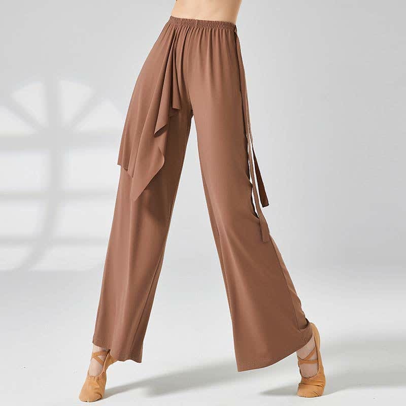 Flowy Lace Up Wide Leg Casual Pants - Khaki / M