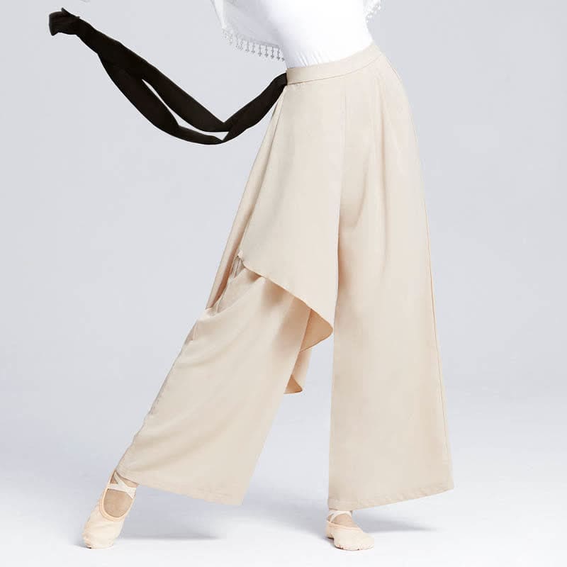 Flowy Ribbon Lace Up Wide Leg Pants - Beige / M