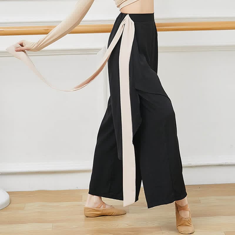 Flowy Ribbon Lace Up Wide Leg Pants - Black / M