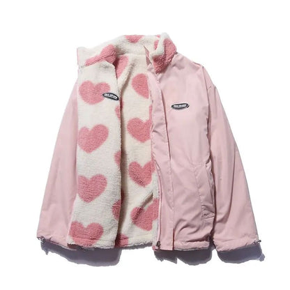 Fluffy Double-sided Heart Jacket - Pink / S