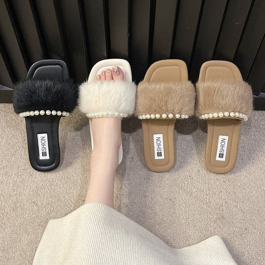 Fluffy Faux Pearl Slide Sandals