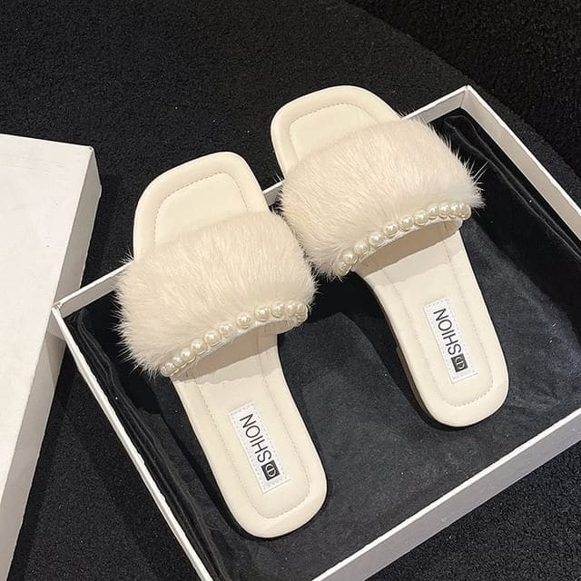 Fluffy Faux Pearl Slide Sandals - Off-White / 35