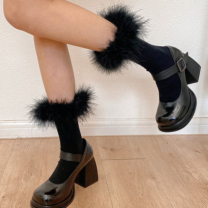 Fluffy High Knee Socks - Black / Short - Socks