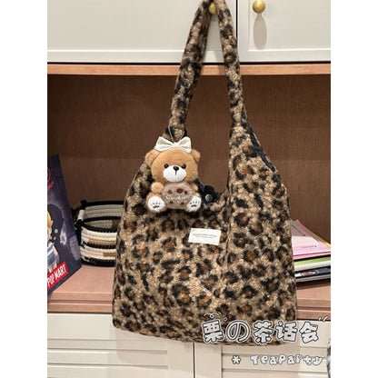 Fluffy Leopard Tote Bag - With Bear Charm - Shoulder Bag