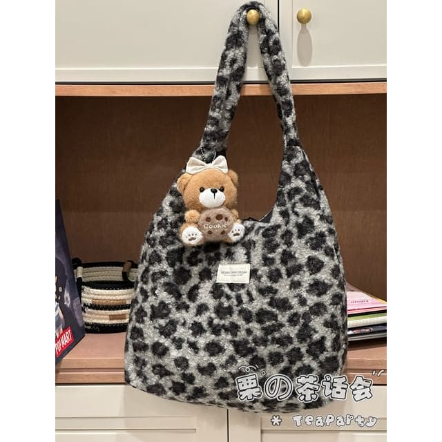 Fluffy Leopard Tote Bag - With Bear Charm - Shoulder Bag