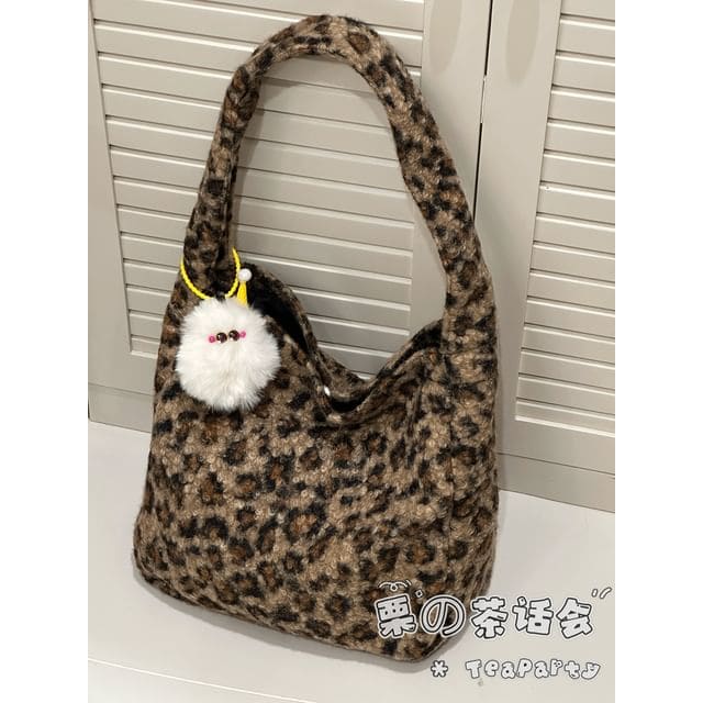 Fluffy Leopard Tote Bag - With Pom Pom Charm - Tote Bag