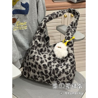 Fluffy Leopard Tote Bag - With Pom Pom Charm - Tote Bag