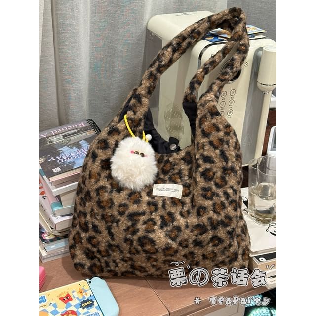 Fluffy Leopard Tote Bag - With Pom Pom Charm - Shoulder Bag