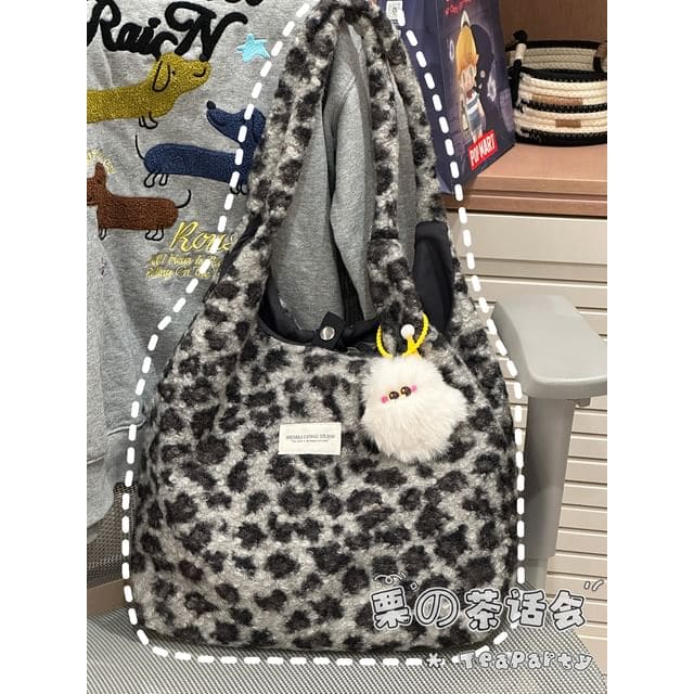 Fluffy Leopard Tote Bag - With Pom Pom Charm - Shoulder Bag