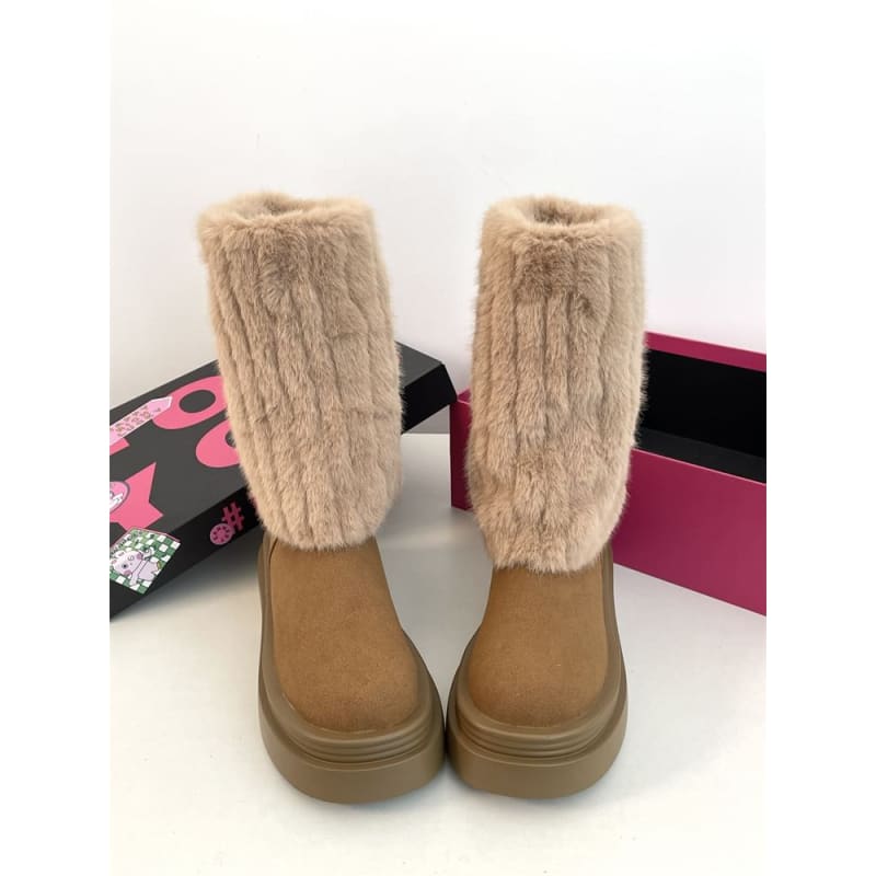 Fluffy Panel Platform Chunky Heel Mid