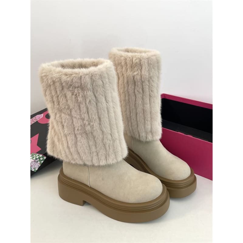 Fluffy Panel Platform Chunky Heel Mid