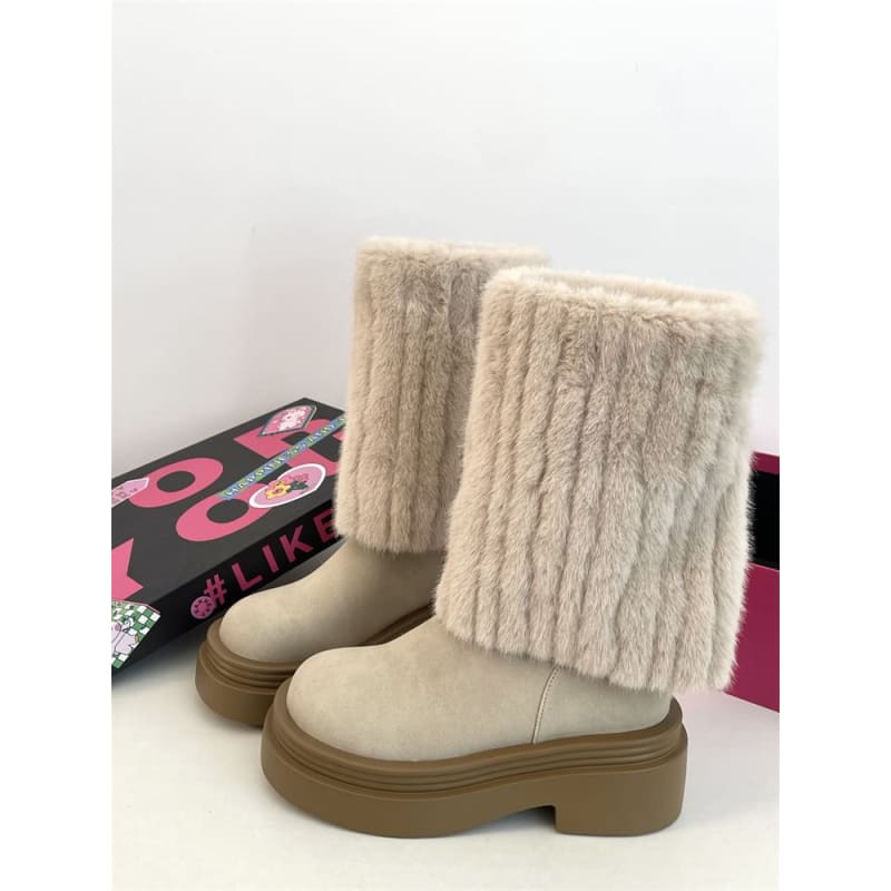 Fluffy Panel Platform Chunky Heel Mid