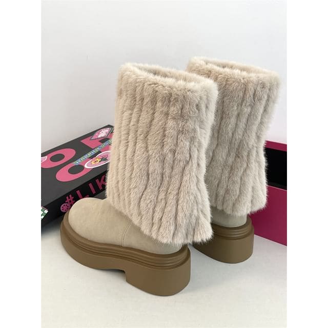 Fluffy Panel Platform Chunky Heel Mid - Beige / 35