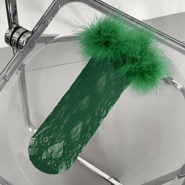 Fluffy Trim Lace Socks - Green / One SIze