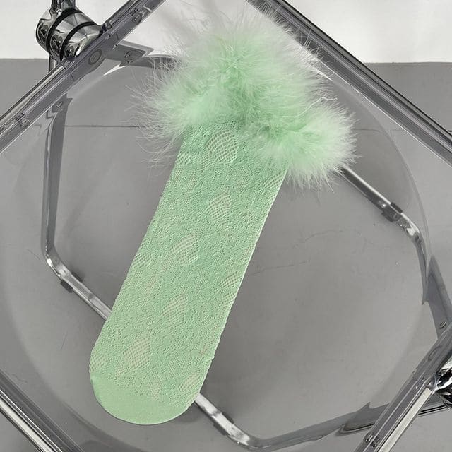 Fluffy Trim Lace Socks - Mint Green / One SIze