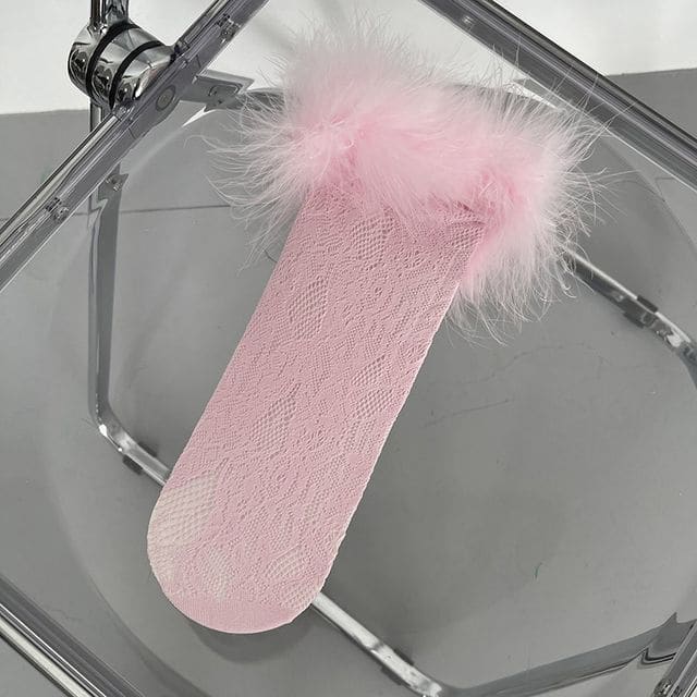 Fluffy Trim Lace Socks - Pink / One SIze