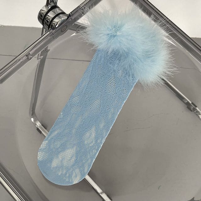 Fluffy Trim Lace Socks - Sky Blue / One SIze