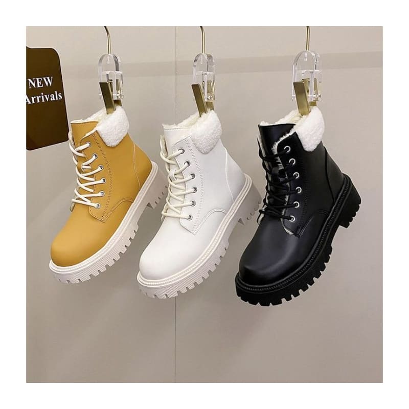 Fluffy Trim Lace-Up Platform Chunky Heel Boots