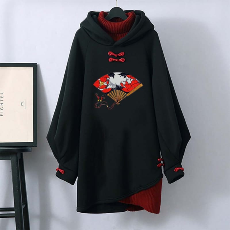 Folding Fan Buckle Vintage Hooded Sweatshirt Dress - Black