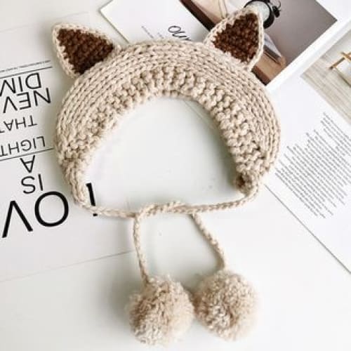 Fox Ear Knit Beanie - Beige / One Size