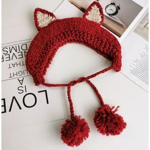 Fox Ear Knit Beanie - Brick Red / One Size