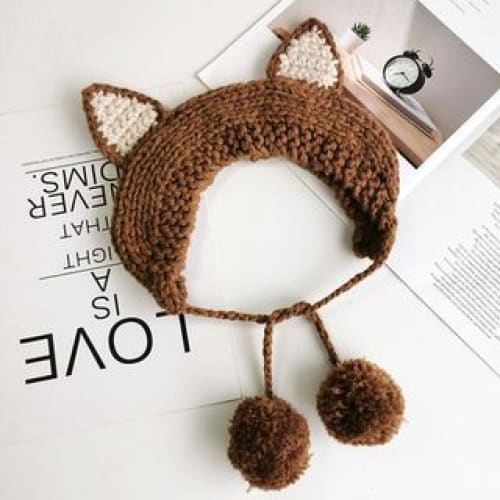 Fox Ear Knit Beanie - Khaki / One Size