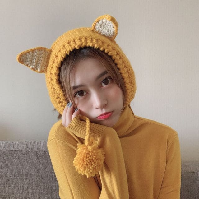 Fox Ear Knit Beanie - Yellow / One Size