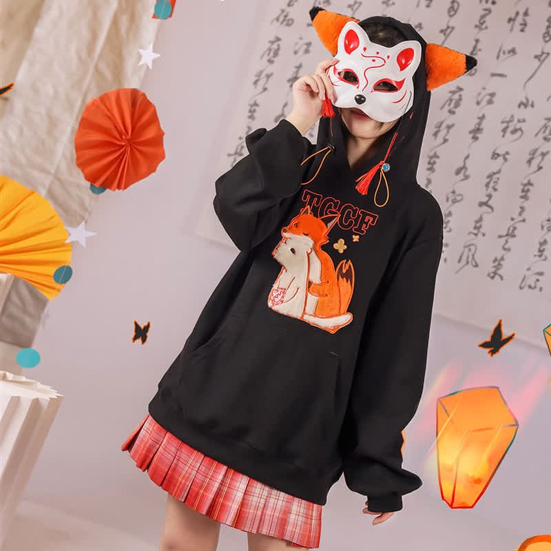 Fox Embroidery Pocket Loose Hoodie