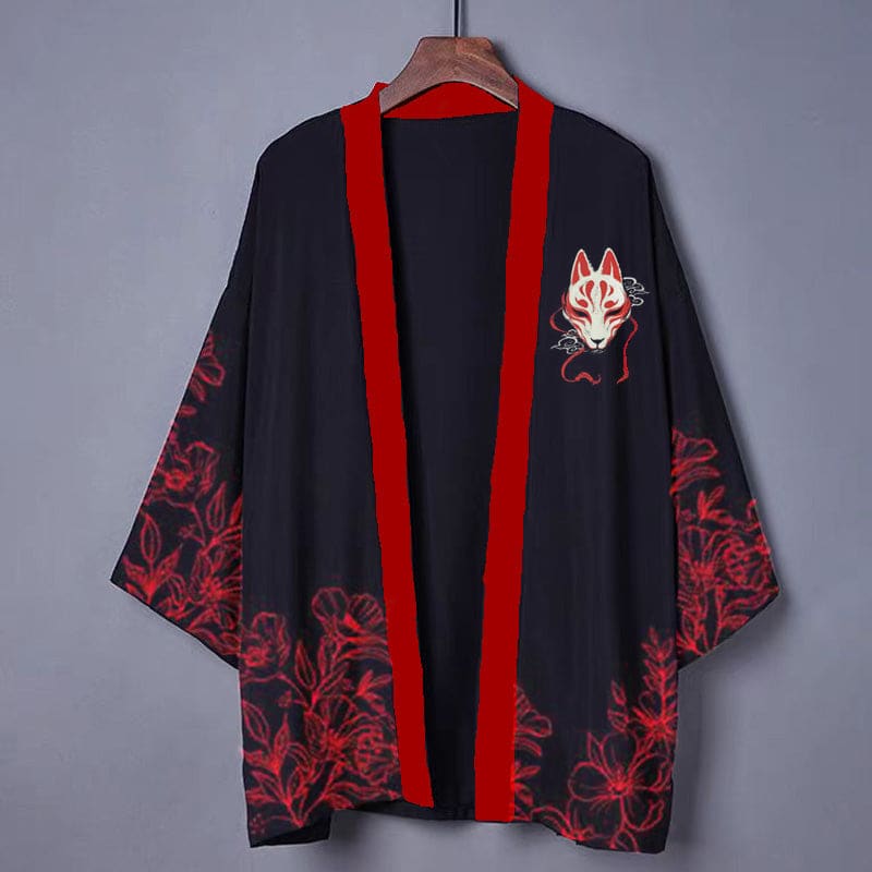 Fox Flower Red Print Cardigan Kimono - Black / One Size