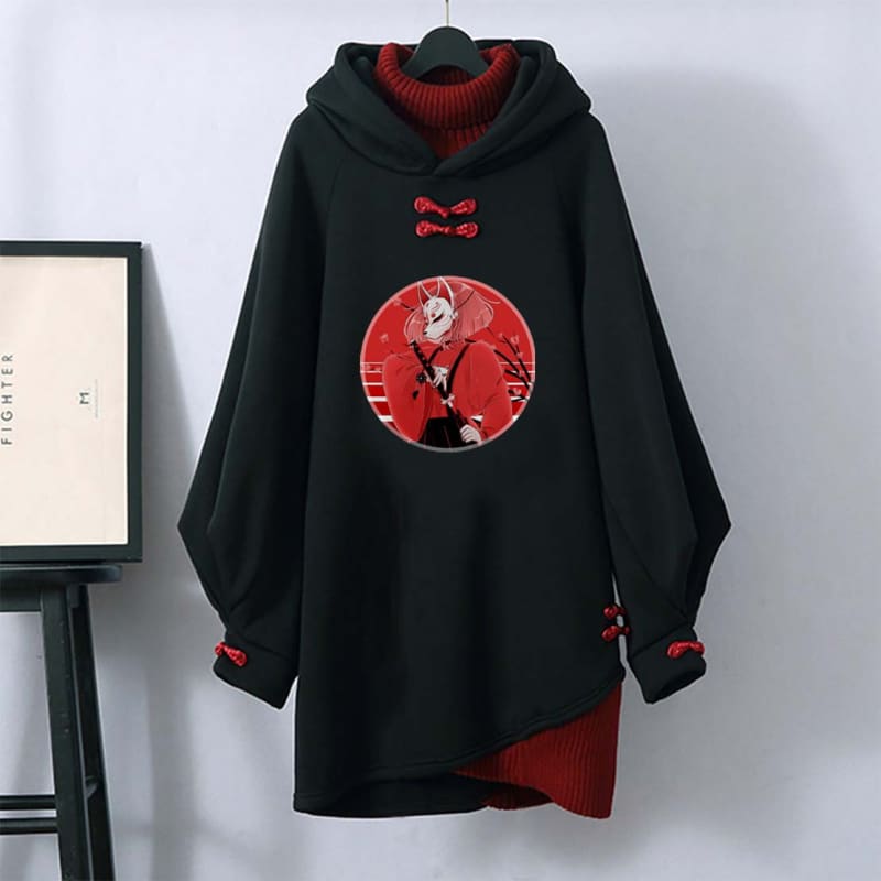 Fox Mask Anime Buckle Vintage Hooded Sweatshirt Dress