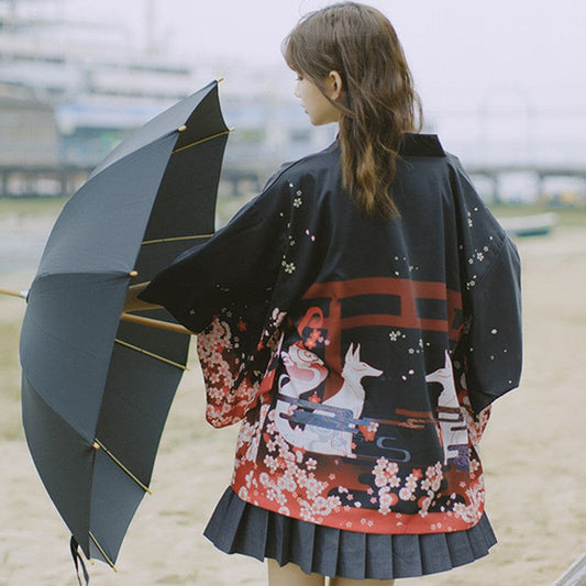 Fox Sakura Print Loose Cardigan Kimono Outerwear