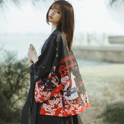 Fox Sakura Print Loose Cardigan Kimono Outerwear