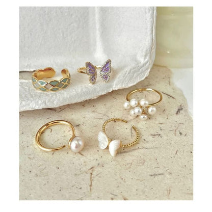 Freshwater Pearl / Butterfly / Glaze Alloy Open Ring