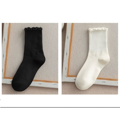 Frill Trim Plain Socks Set - Set Of 2 - Black & Milky White