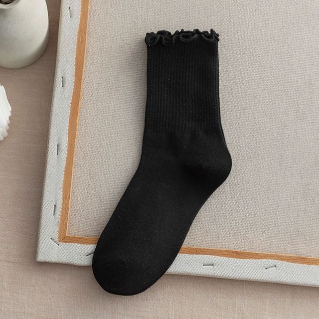 Frill Trim Plain Socks Set - Set Of 2 - Black / One Size