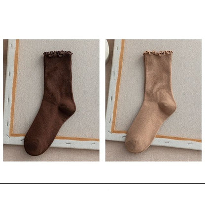 Frill Trim Plain Socks Set - Set Of 2 - Dark Coffee & Light