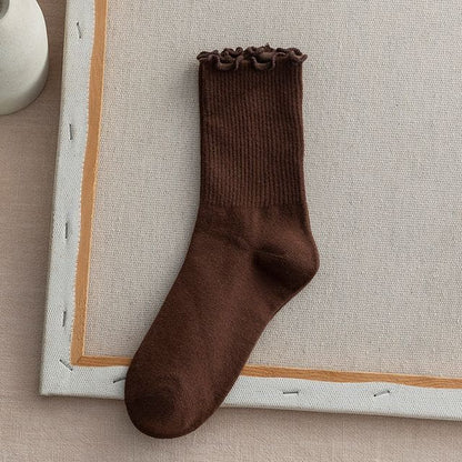 Frill Trim Plain Socks Set - Set Of 2 - Dark Coffee