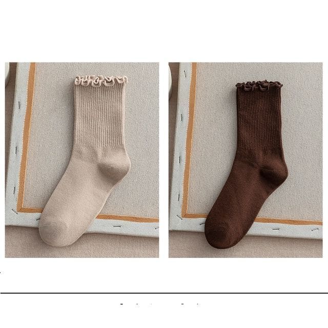 Frill Trim Plain Socks Set - Set Of 2 - Khaki & Dark Coffee