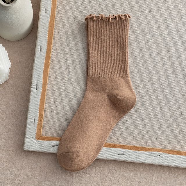 Frill Trim Plain Socks Set - Set Of 2 - Light Coffee