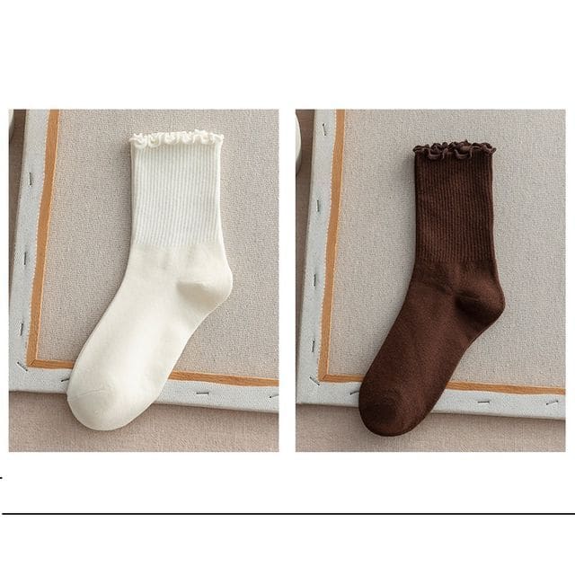 Frill Trim Plain Socks Set - Set Of 2 - Milky White & Dark