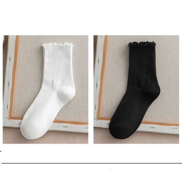 Frill Trim Plain Socks Set - Set Of 2 - White & Black