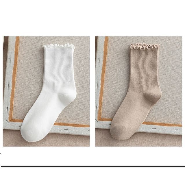 Frill Trim Plain Socks Set - Set Of 2 - White & Khaki