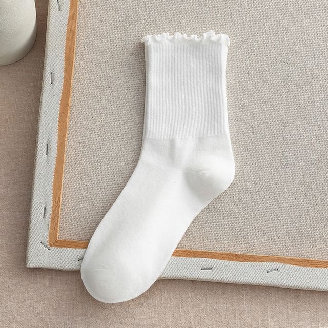 Frill Trim Plain Socks Set - Set Of 2 - White / One Size