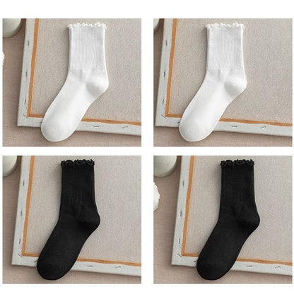 Frill Trim Plain Socks Set - Set Of 4 - 2 Pcs White & 2 Pcs