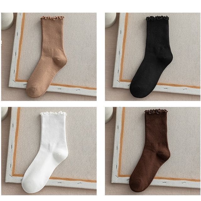 Frill Trim Plain Socks Set - Set Of 4 - Light Coffee &