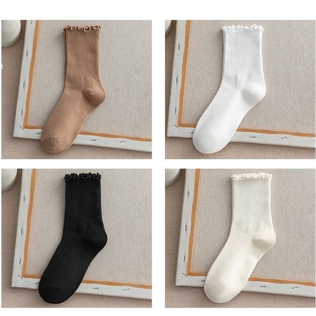 Frill Trim Plain Socks Set - Set Of 4 - Light Coffee &